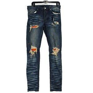 Mens Blue Distressed Paint Splatter Slim Fit Jeans Orange Patch Ripped